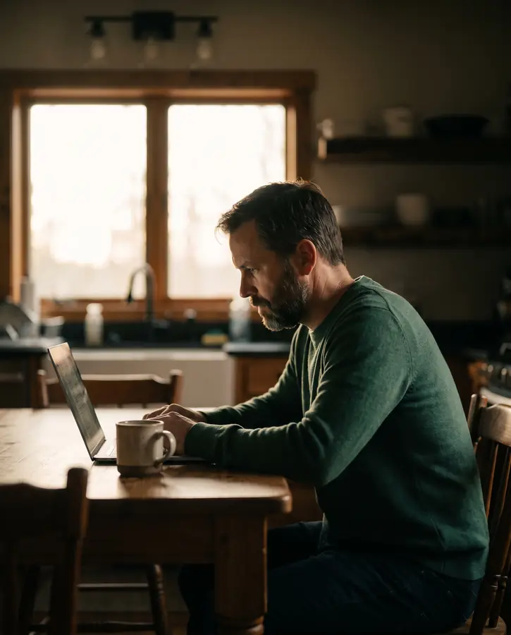 A man reading mail at a kitchen table early in the morning