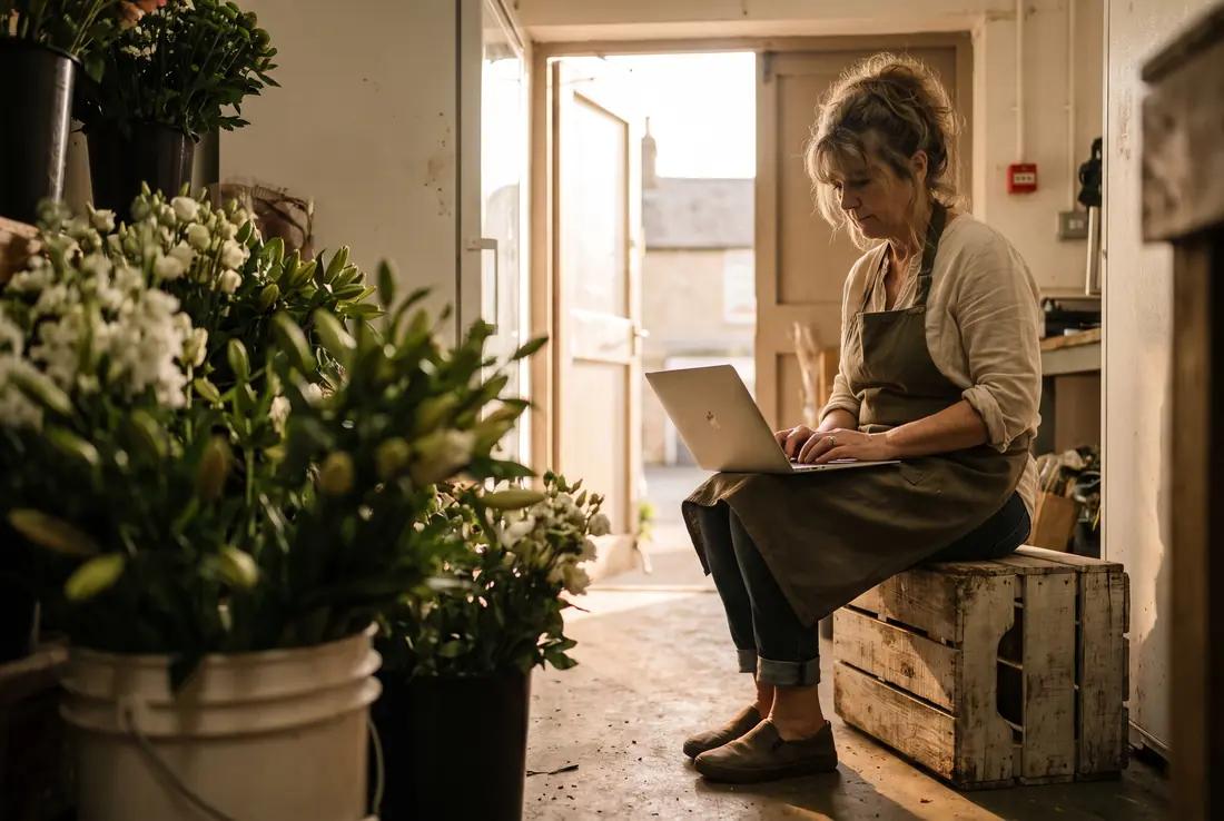 A florist writing a post in the back of her shop