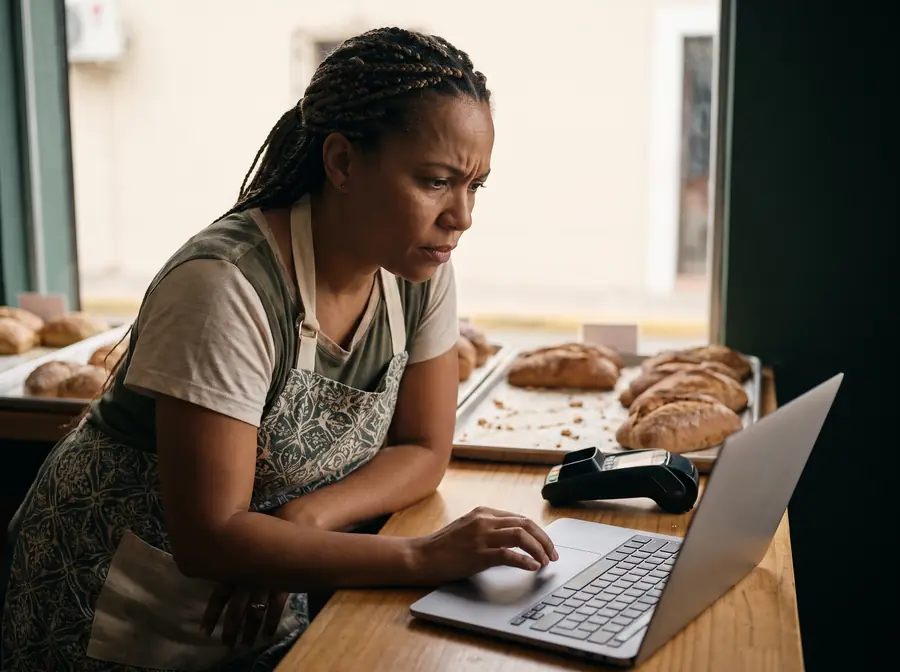 The owner of a small bakery checking her site between customers
