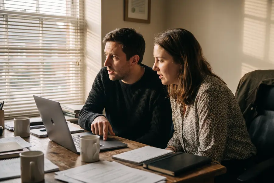 Two colleagues deciding on a name at a laptop